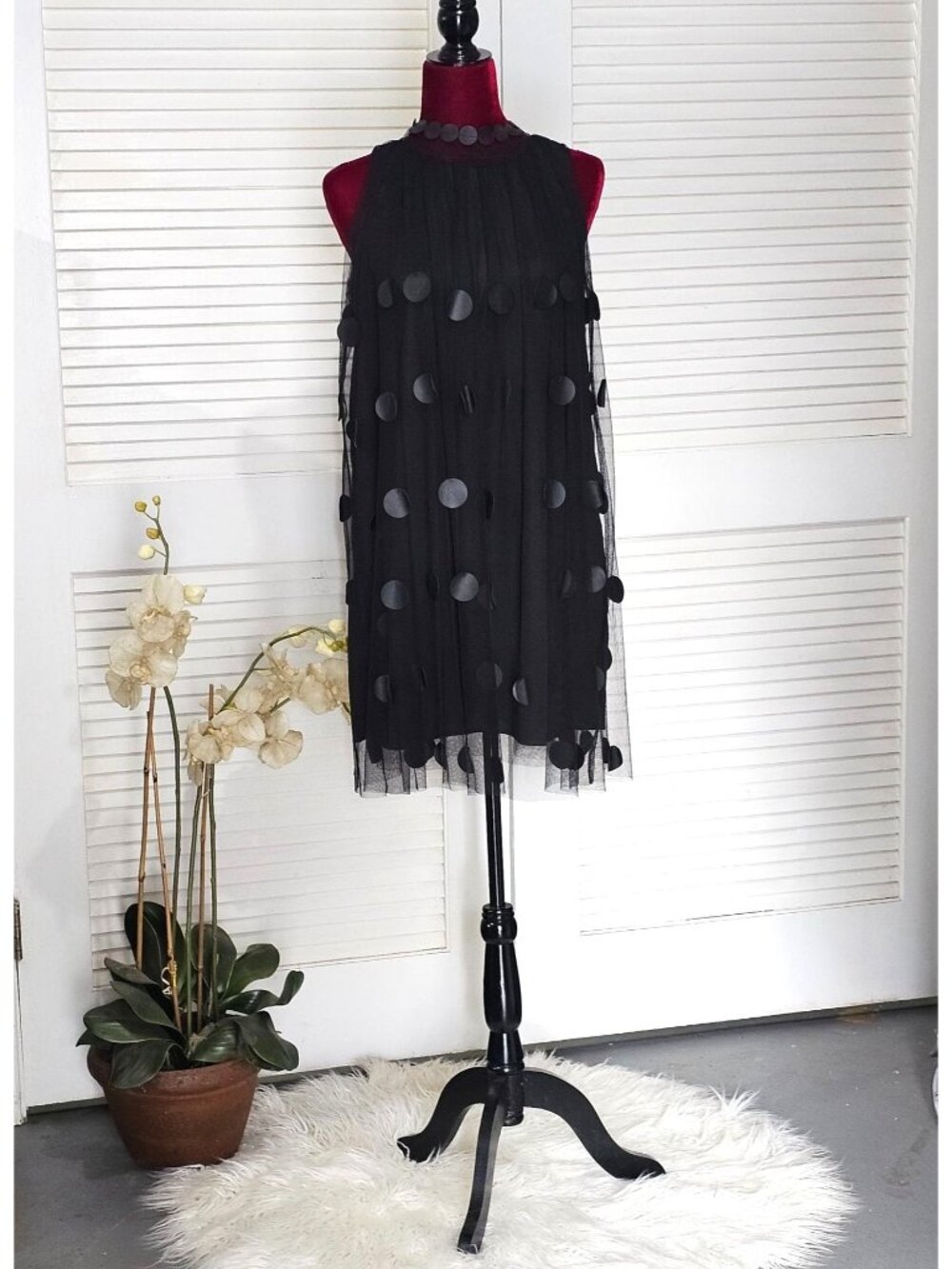 Gracia Women's Black Polka Dot Chiffon Sheer Sleeveless Mini Dress Size S  084
